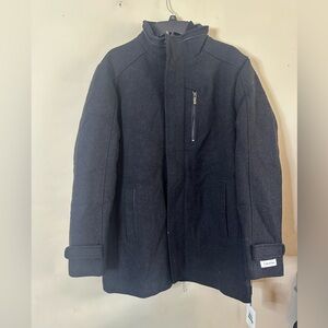 Calvin Klein Mens Stand Collar Zip Front Wool Coat Lined  Navy Blue SZ L NWT